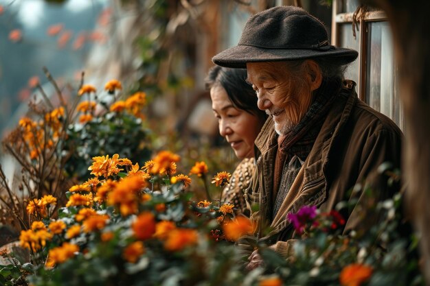 Daughter supports and cares for her father during his illness in the hospital garden