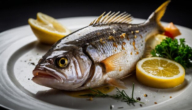 Daurade fish in restaurant table on the plate