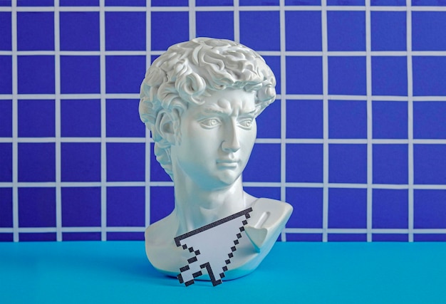 David statue head and arrow pixel mouse pointer interface Minimal concept of NFT technologies of the future cyberpunk and vaporwave crypto technologies