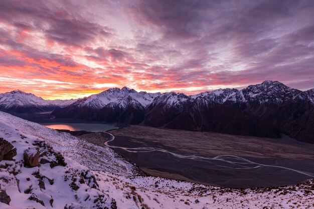 Dawn cloud over Burnett Mountains and Tasman Valley Aoraki Mount Cook National Park