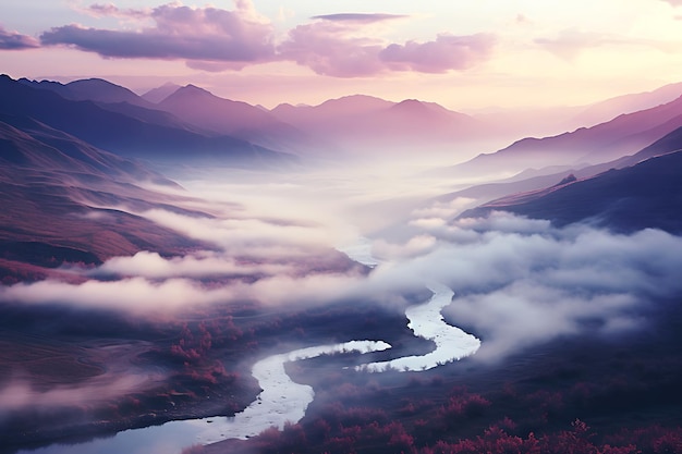 Dawn over a foggy mountain river