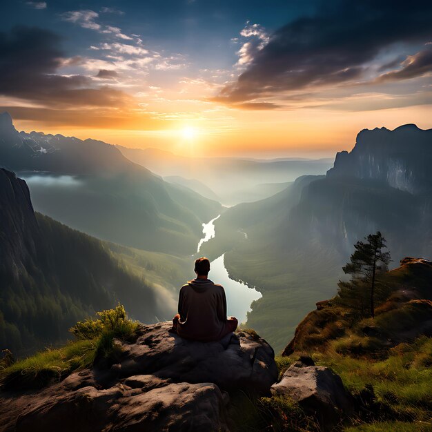 Photo dawn meditation on a mountain cliff