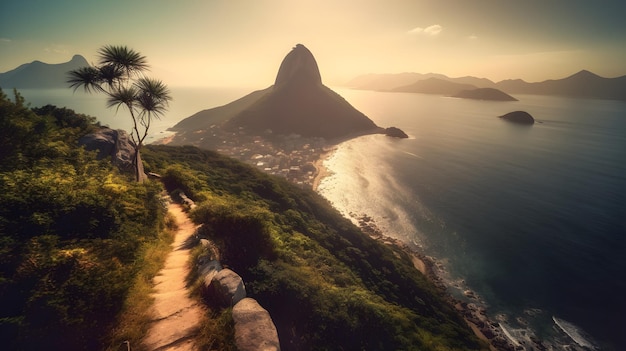 Dawn reveals stunning coastal landscape with mountains trees and tranquil water in high ground cliff with a pathway narrow the side of mountain