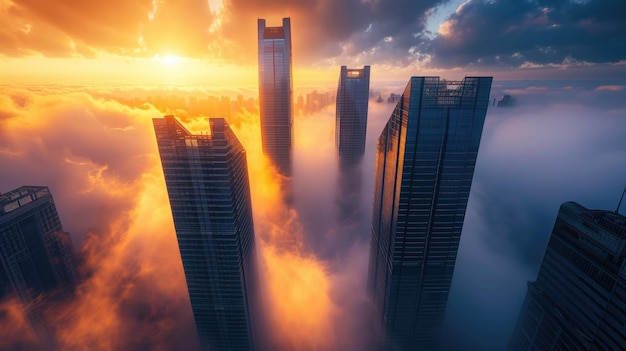 Dawn scene with rising money towers