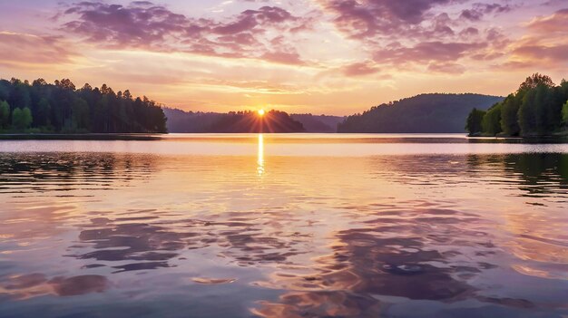 Photo dawn over a serene lake golden light illuminates the sky in pink and lavender hues with wispy clouds