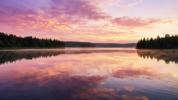 Dawn over a serene lake golden light illuminates the sky in pink and lavender hues with wispy clouds