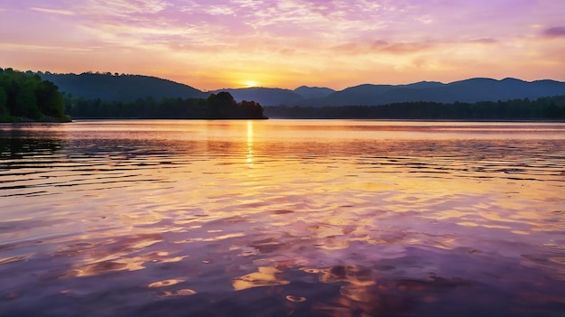 Dawn over a serene lake golden light illuminates the sky in pink and lavender hues with wispy clouds