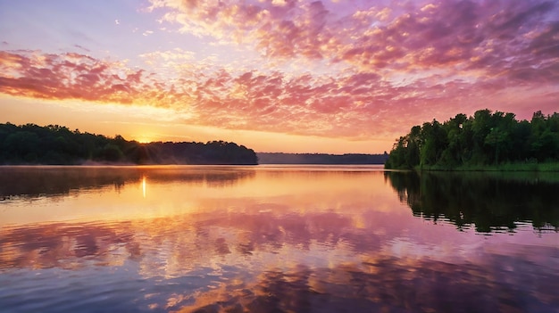 Dawn over a serene lake golden light illuminates the sky in pink and lavender hues with wispy clouds