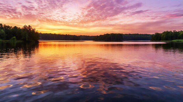 Dawn over a serene lake golden light illuminates the sky in pink and lavender hues with wispy clouds