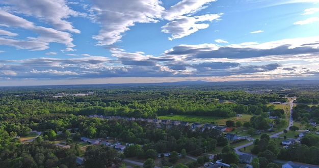 Dawn in the sleeping area of a small town Boiling Springs with a forest on the view from a height in South Carolina US