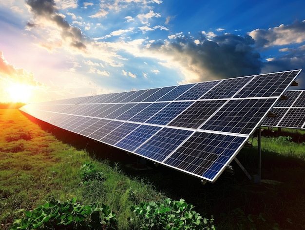 Dawn of Sustainable Power a solar farm at sunrise where rows of solar panels harness the energy