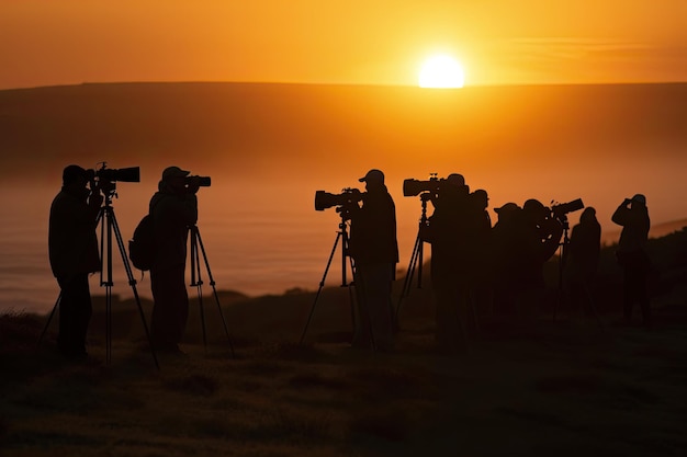 Dawn on World Photography Day enthusiastic photographers and equipment lined up generative IA