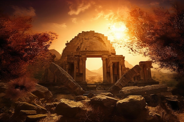 A dawning sun illuminating the ancient ruins of a lost civilization created with generative ai