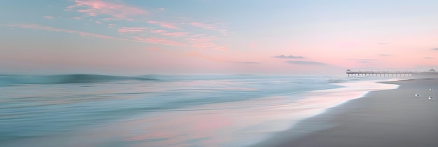 Dawns Gentle Embrace A Serene Coastal Landscape with Pier and Seagulls in Soft Pastel Sunrise