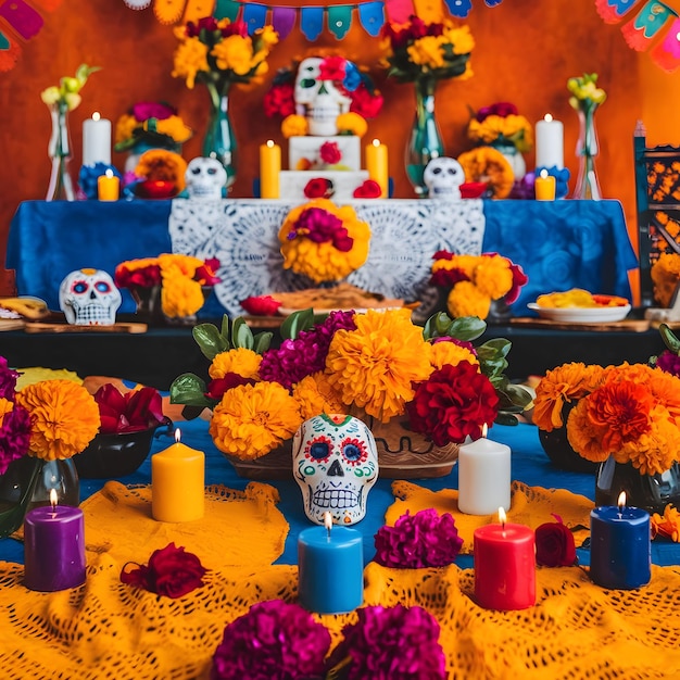 A Day of the Dead altar featuring vibrant marigold flowers candles papel picado and sugar skulls