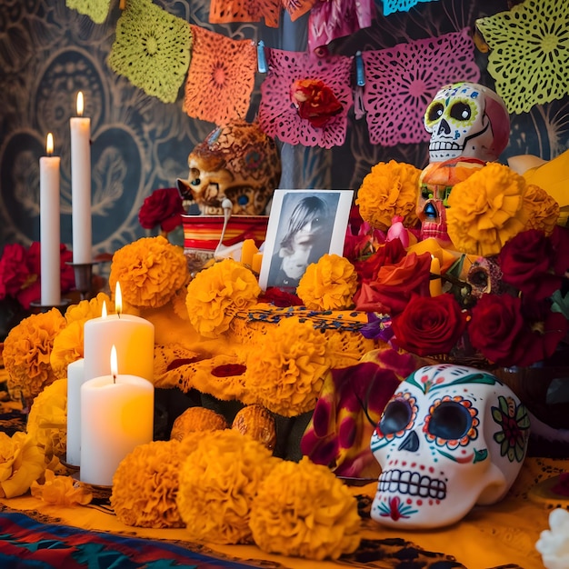 A Day of the Dead altar featuring vibrant marigold flowers candles papel picado and sugar skulls