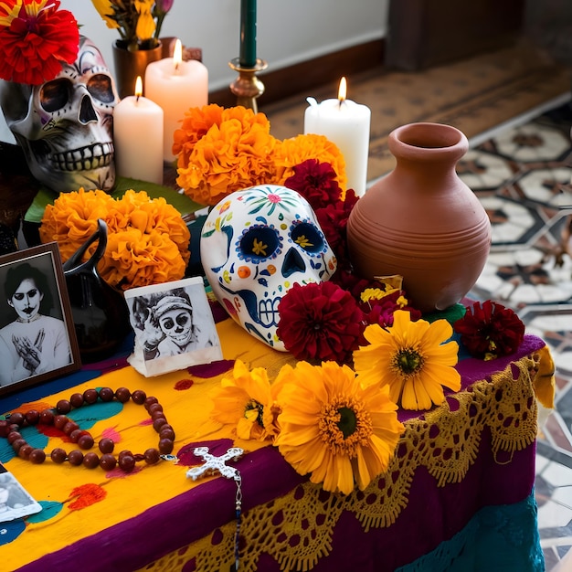 A Day of the Dead altar featuring vibrant marigold flowers candles papel picado and sugar skulls