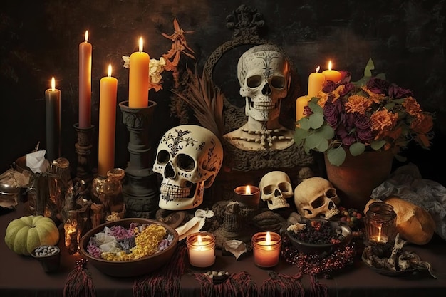 Day of the dead altar filled with candles and offerings for the deceased