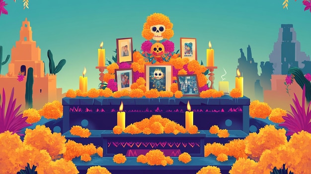 Photo day of the dead altar with candles flowers and photos