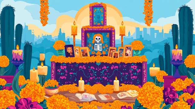 Photo day of the dead altar with candles flowers and photos