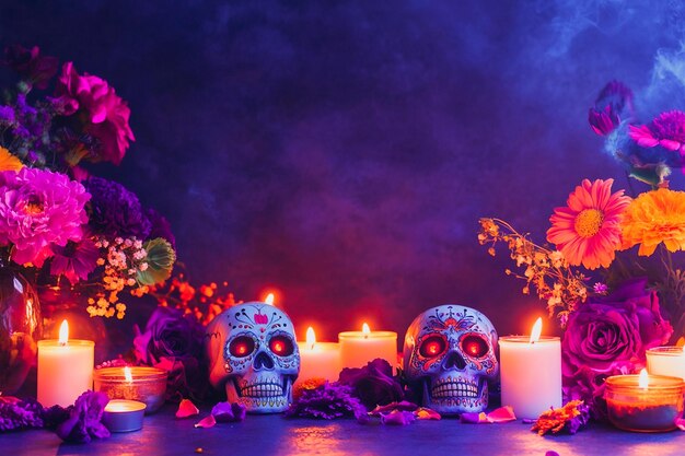 Photo day of the dead altar with colorful candles sugar skulls and flowers on a dark background