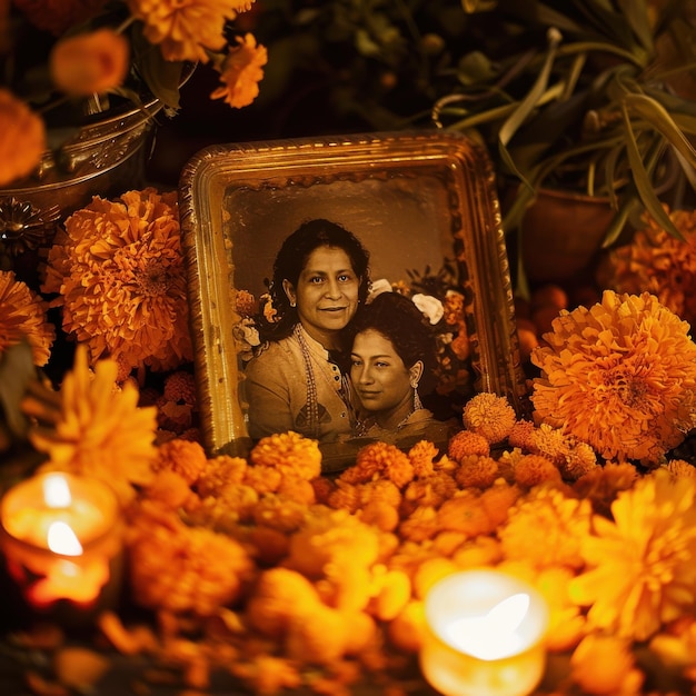 Photo day of the dead altar with family portraits marigold flowers and candlelit tributes