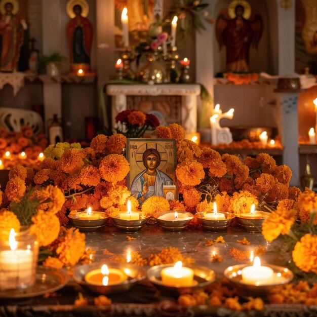 Day of the Dead Altar with Framed Family Portrait and Candlelit Offering