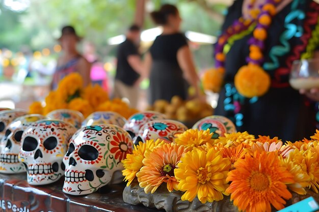 Day of the dead altar with mexican sugar skulls