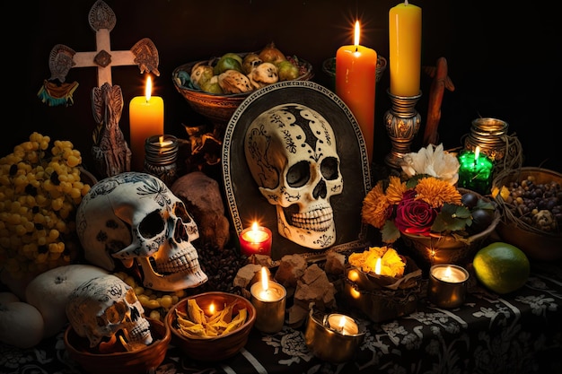 Day of the dead altar with offerings and candles to honor deceased loved ones