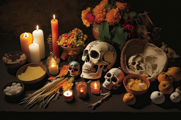 Day of the dead altar with offerings and candles