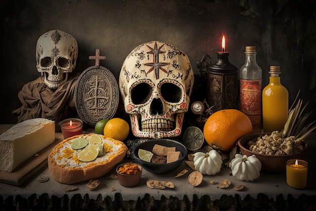 Day of the dead altar with offerings for the deceased and their journey into the afterlife