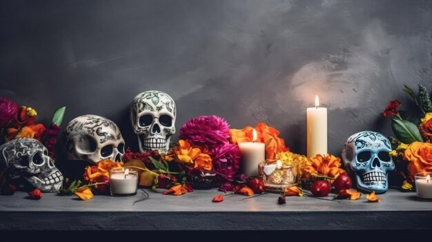 Day of the Dead background with candles and flowers on black background