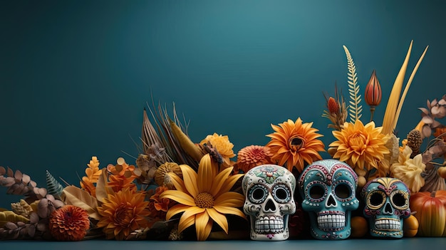 day of the dead background with floral ornaments and skulls for banners or posters