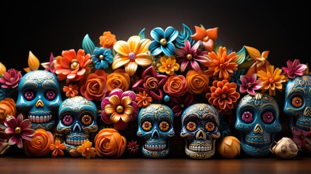 day of the dead background with floral ornaments and skulls for banners or posters