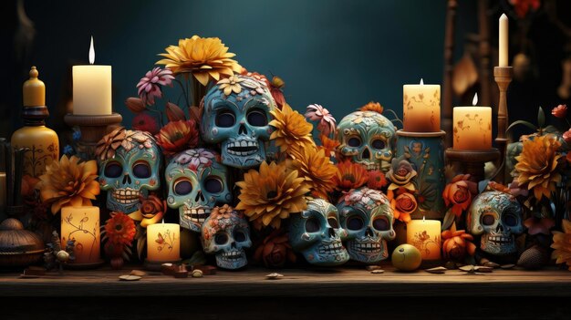 day of the dead background with floral ornaments and skulls for banners or posters