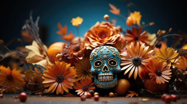 day of the dead background with floral ornaments and skulls for banners or posters