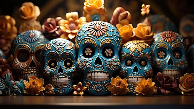 day of the dead background with floral ornaments and skulls for banners or posters