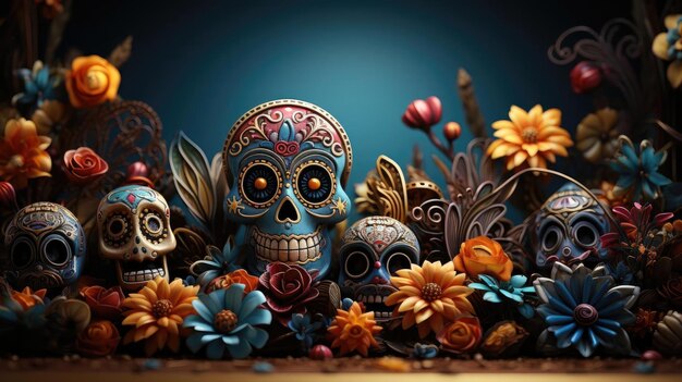 day of the dead background with floral ornaments and skulls for banners or posters