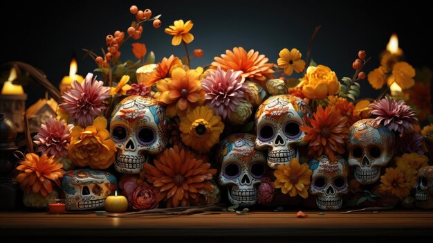 day of the dead background with floral ornaments and skulls for banners or posters