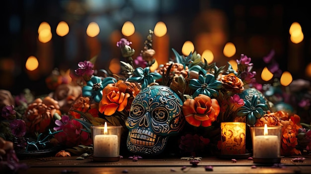 day of the dead background with floral ornaments and skulls for banners or posters