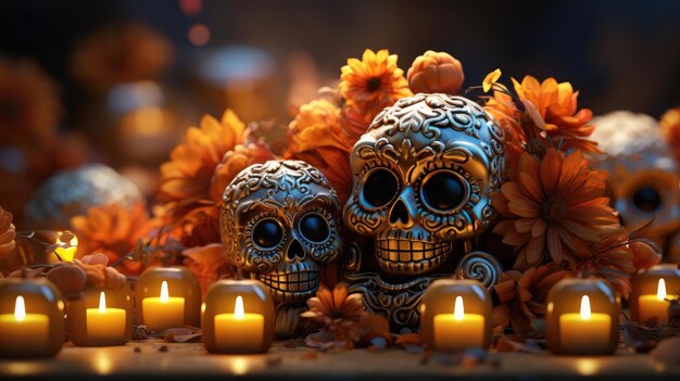 day of the dead background with floral ornaments and skulls for banners or posters