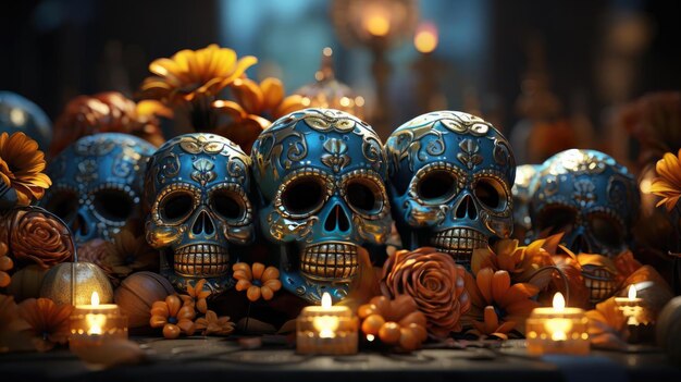 day of the dead background with floral ornaments and skulls for banners or posters