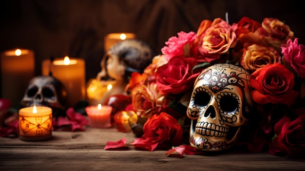 Day of the dead background with skull mask candles and flowers front view close up Holiday banner with dia de los muertos skull for postcard poster web site greeting invitation Copy Space AI