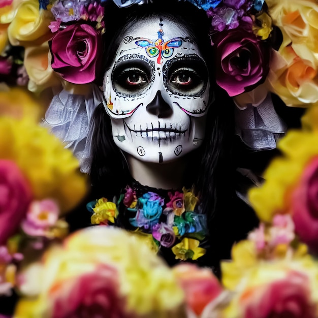 The day of the dead Calavera Catrina Woman with traditional sugar skull makeup 3D illustration