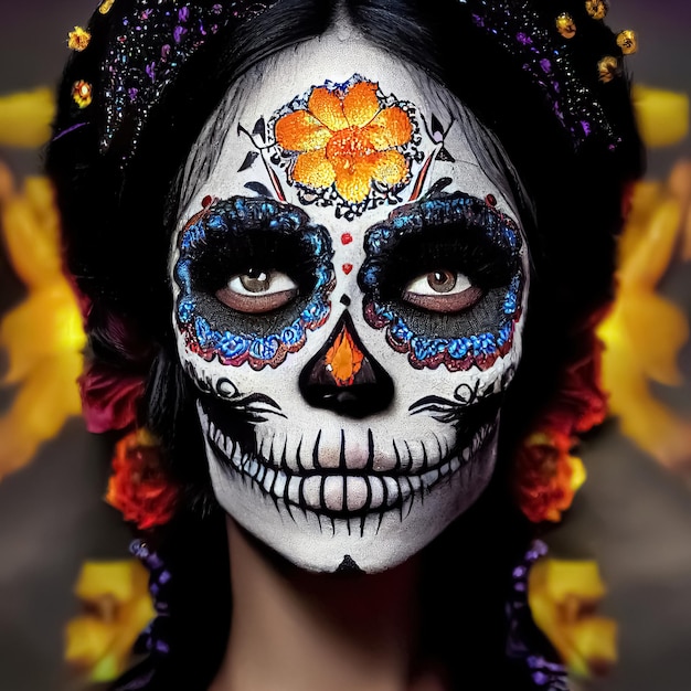 The day of the dead Calavera Catrina Woman with traditional sugar skull makeup 3D illustration