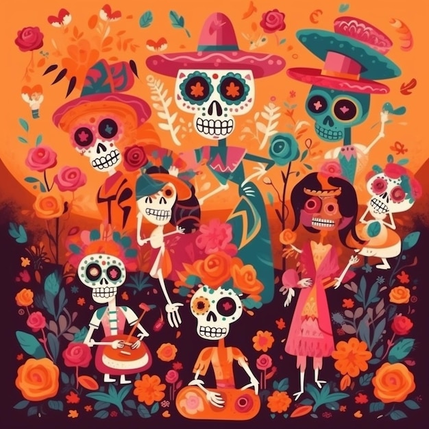 Day of the dead celebration in mexico in bright colors