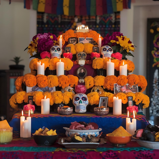 Photo day of the dead celebration sugar skulls and flowers isolated lighting candle