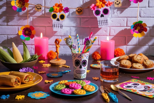 Photo day of the dead celebration table setting with colorful decorations food and drinks