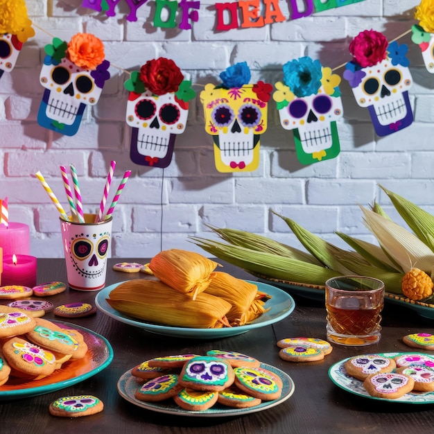 Photo day of the dead celebration table with tamales cookies and drinks