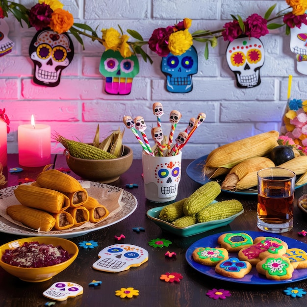 Photo day of the dead celebration table with traditional food sugar skulls and decorations